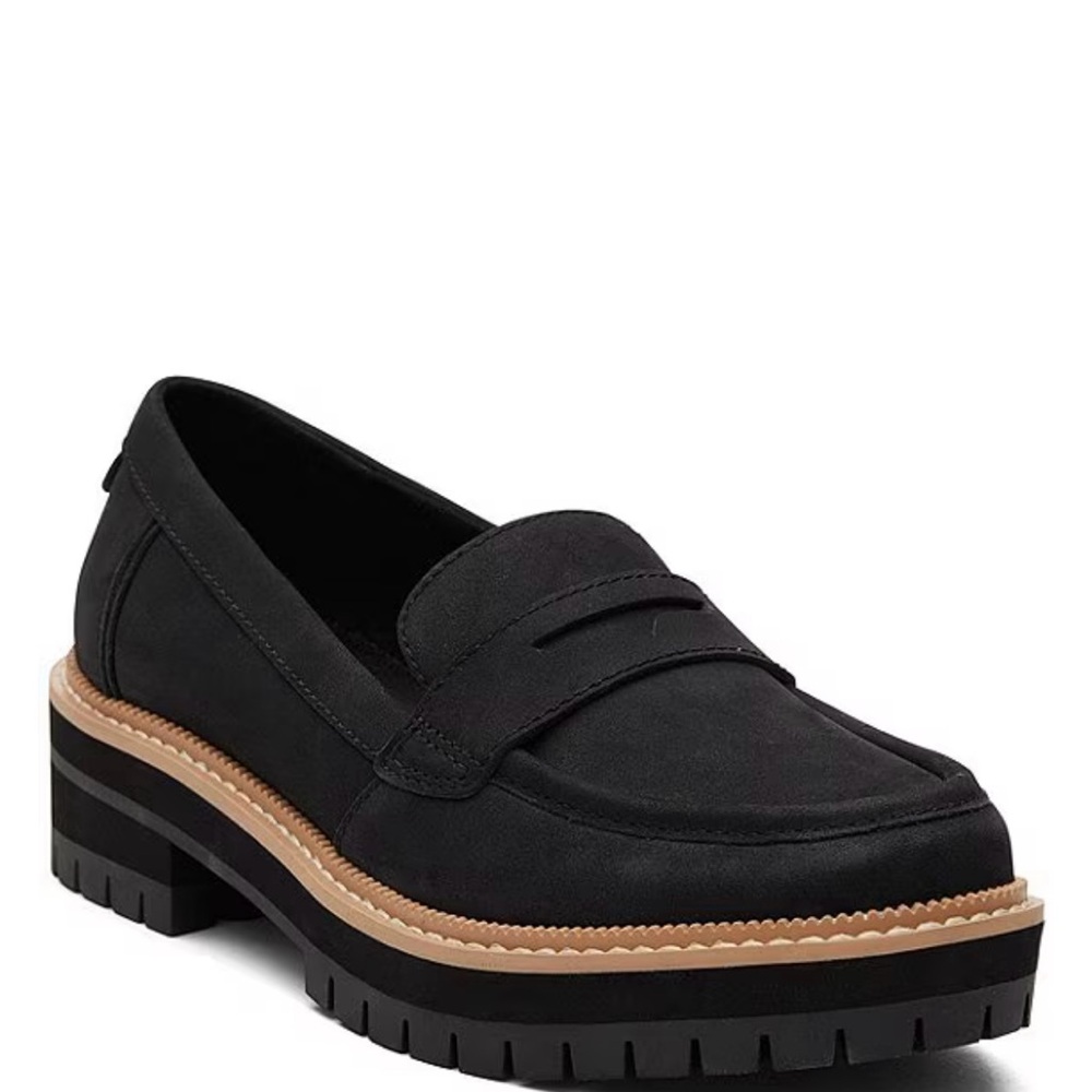 TOMS Black Suede Lug Sole Loafers Cara Style - Picture 9 of 11